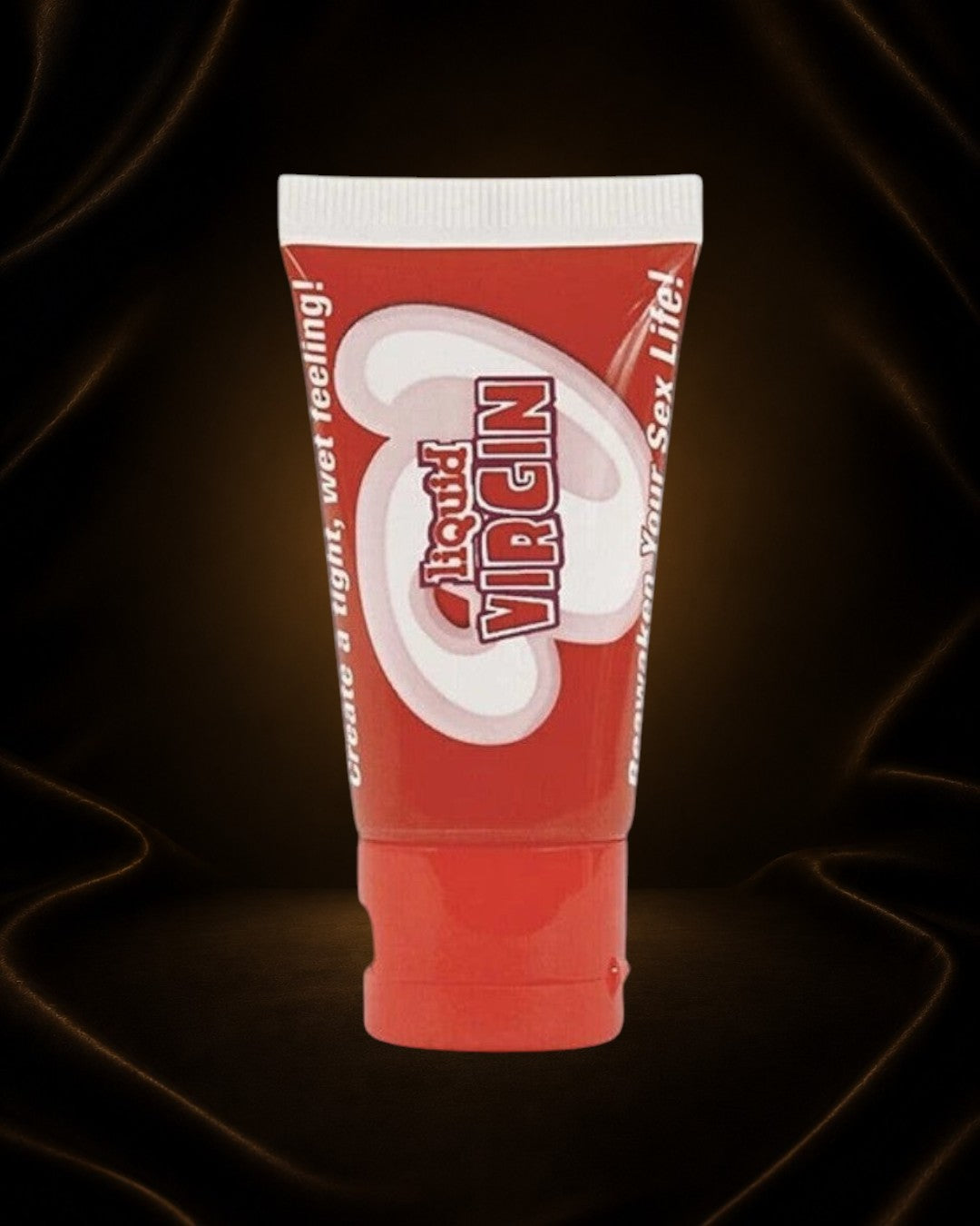 Éxtasis Boutique Liquid Virgin Lubricante Tensor para una sensación de humedad apretada. Tubo rojo con detalles blancos y rosas.
