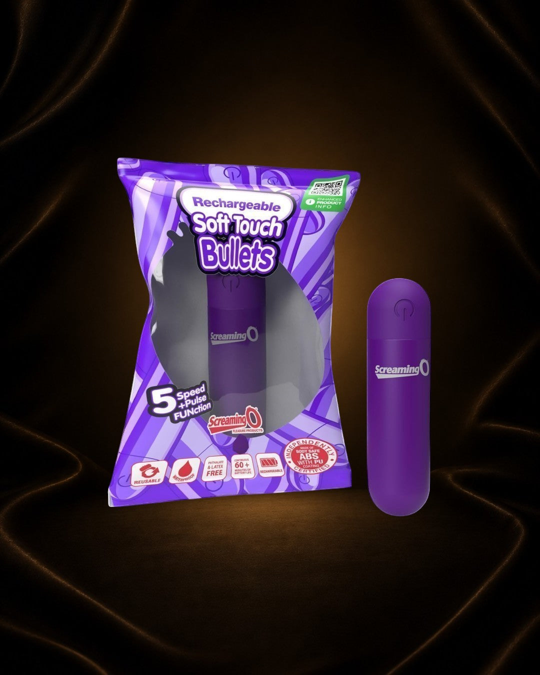 Bala vibradora recargable morada de Éxtasis Boutique, con 5 velocidades y función de pulso.