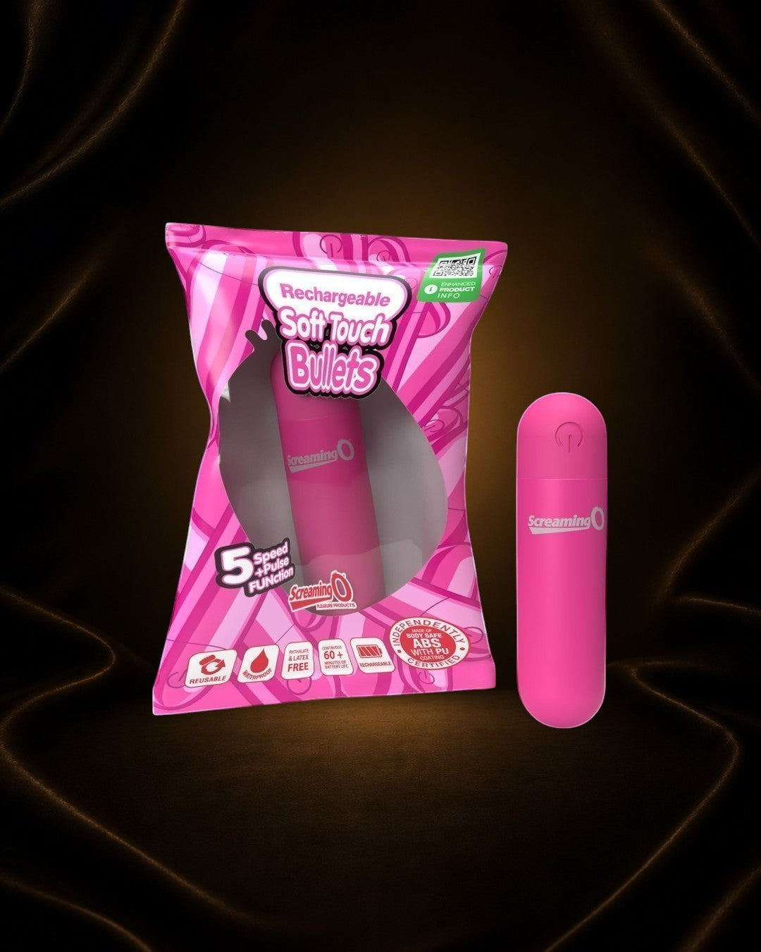 Bala vibradora recargable rosa de tacto suave de Éxtasis Boutique con 5 funciones de velocidad y pulso, impermeable y libre de látex.