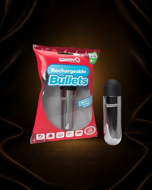 Éxtasis Boutique Bala vibradora recargable plateada, con 3+1 funciones y mini vibrador. Impermeable y recargable.