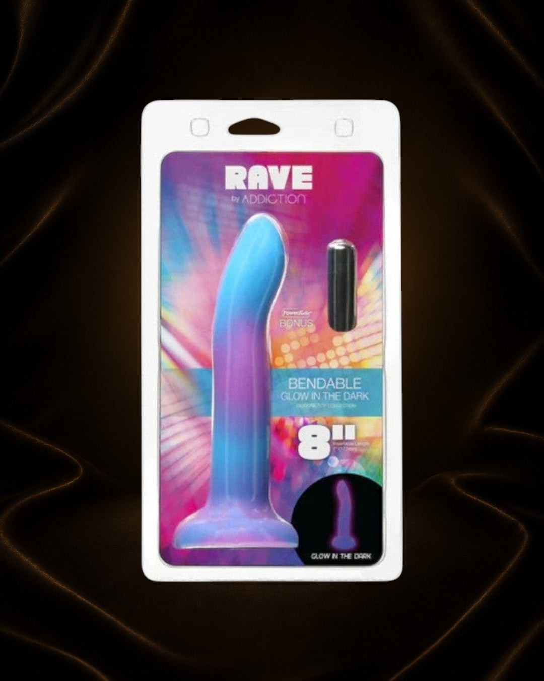 Dildo Éxtasis Boutique de silicona flexible de 8" con vibración, que brilla en la oscuridad, base de ventosa y colores degradados azul y morado.