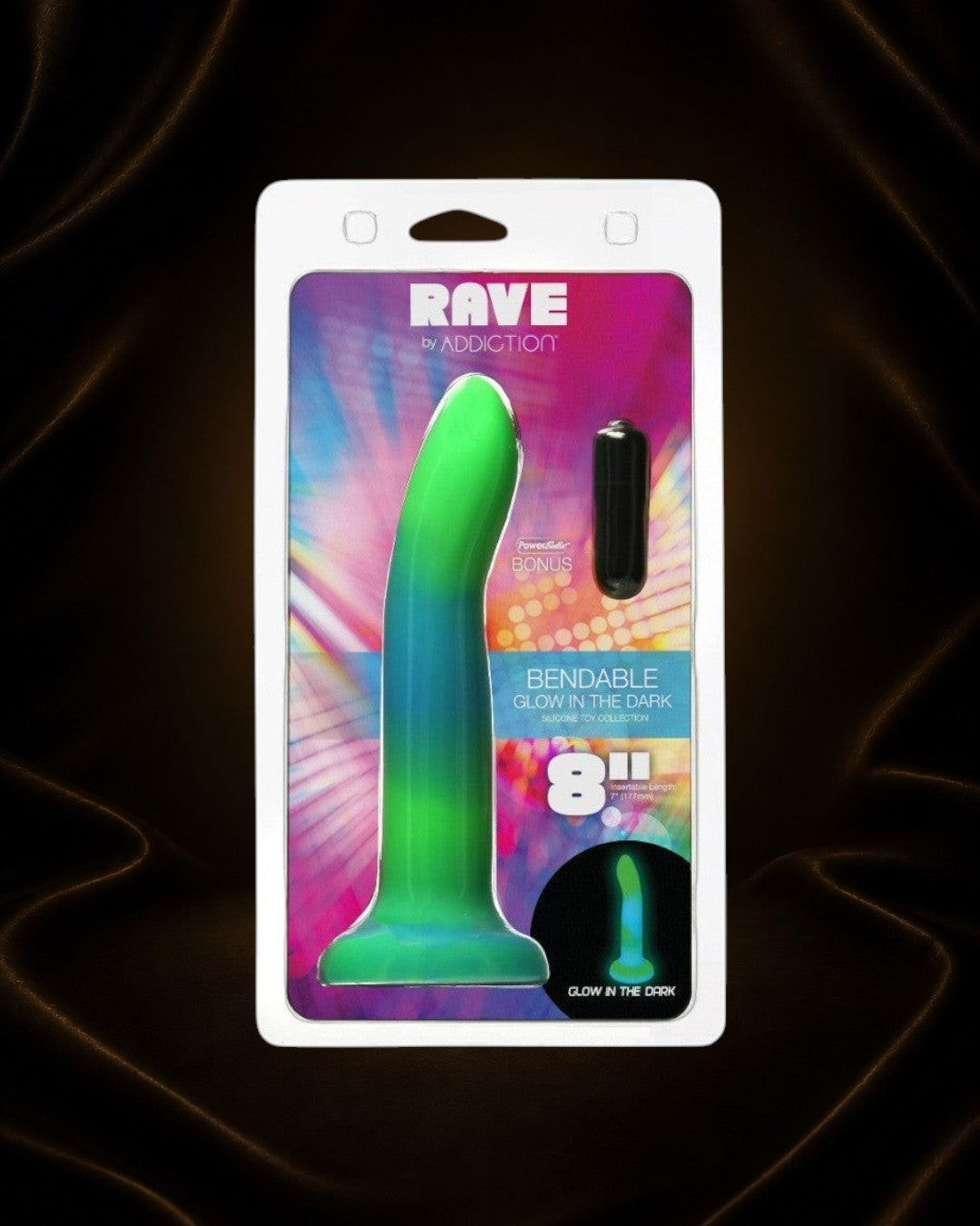 Dildo de silicona Éxtasis Boutique 8" verde y azul, flexible, con ventosa y que brilla en la oscuridad.