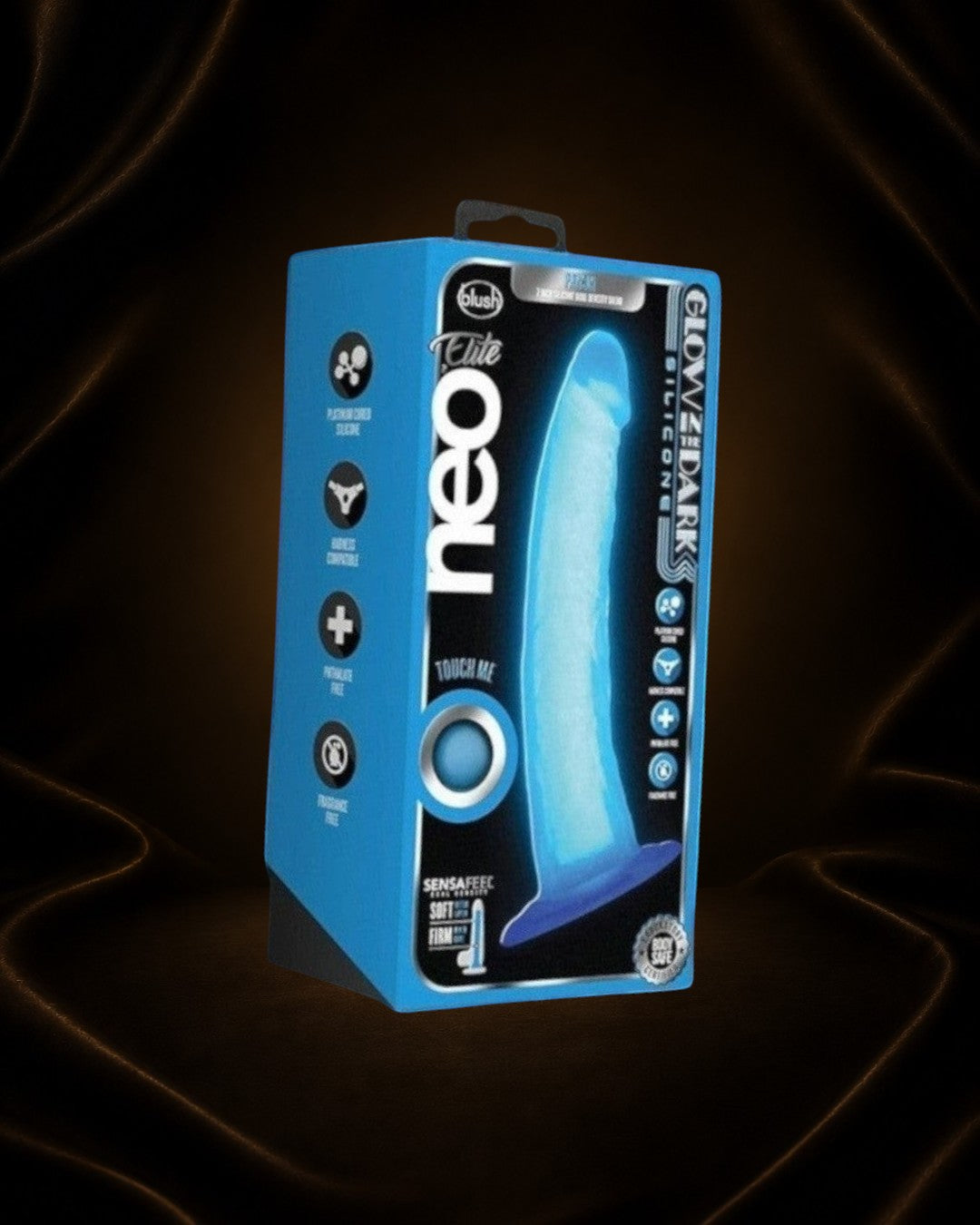 Éxtasis Boutique Dildo Neo Elite Glow in the Dark de silicona premium, 7 pulgadas, con doble densidad y núcleo firme. Brilla en la oscuridad.