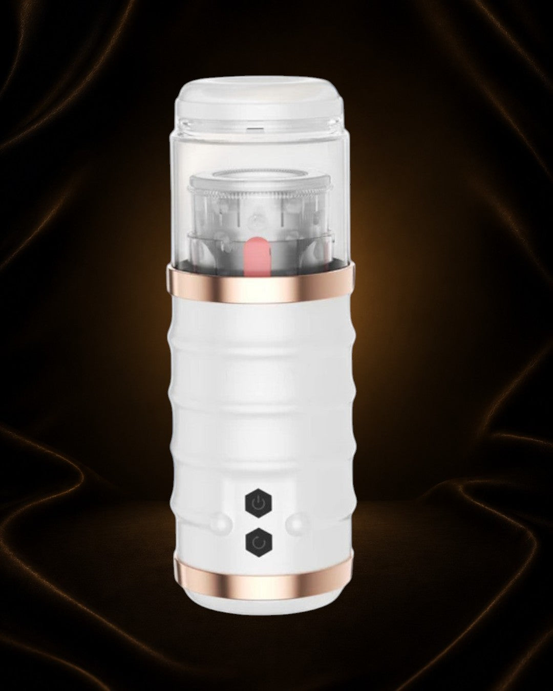 Masturbador Warrior de Éxtasis Boutique blanco con detalles en cobre, rotación 360º y texturas internas 3D.