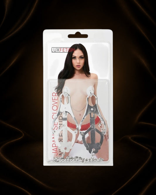 Éxtasis Boutique Pinzas Ajustables de Estimulación estilo Trébol Japonés con Cadena, metal plateado.