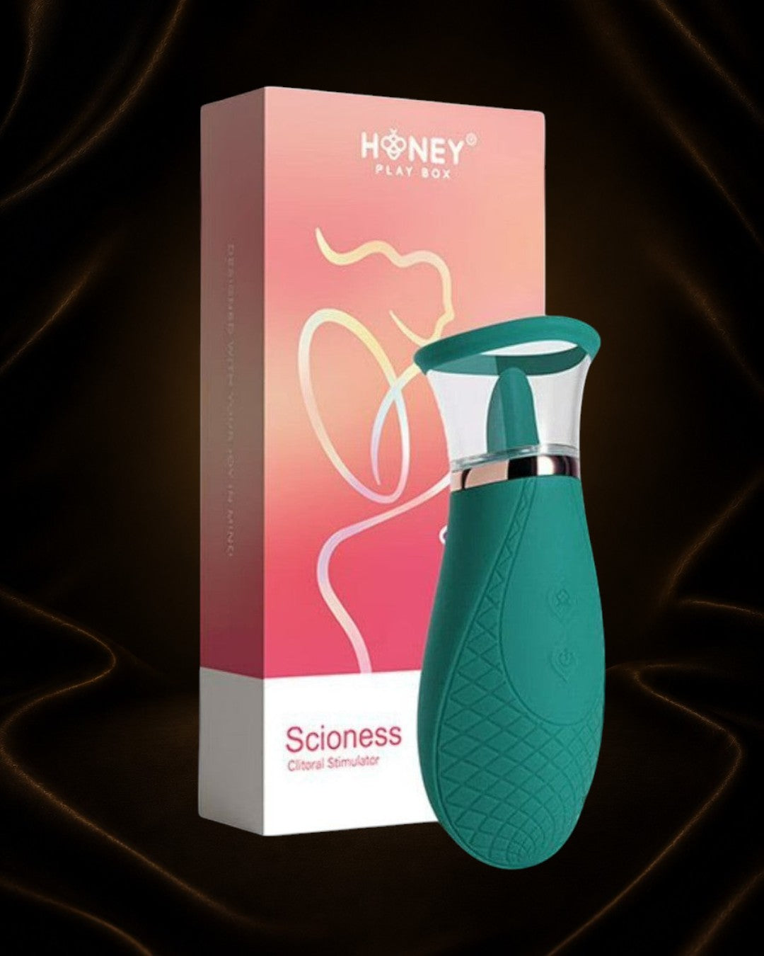 Éxtasis Boutique Succionador y Estimulador Scioness, estimulador clitoriano de silicona verde con textura de diamantes y borde de cristal.