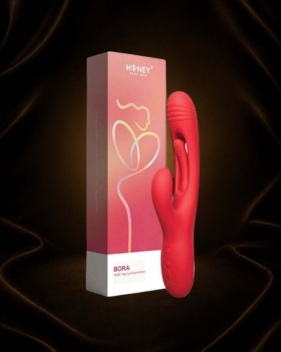 Vibrador Bora rojo de Éxtasis Boutique con forma de conejito para estimulación G y clitoriana. Múltiples velocidades y patrones.