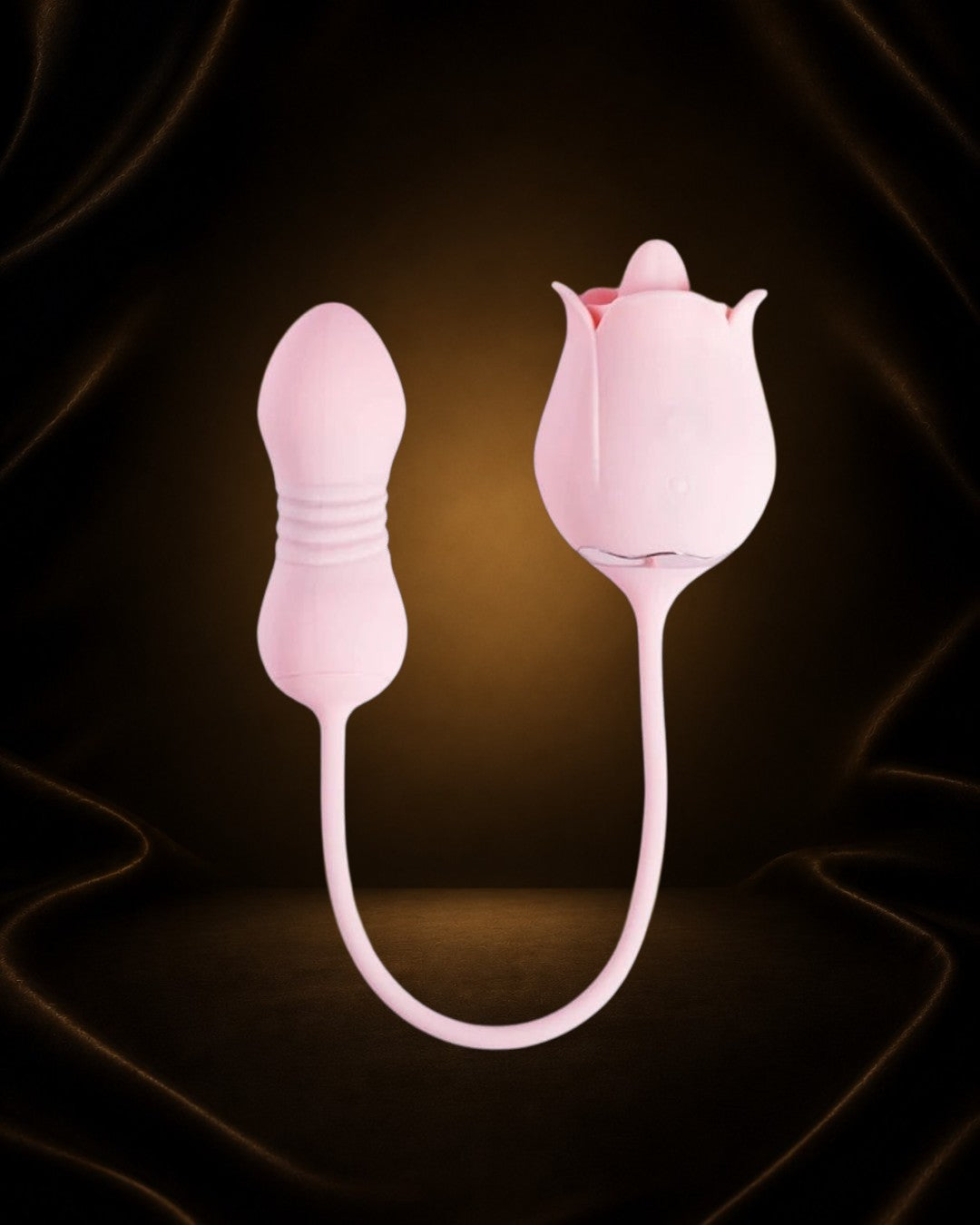 Éxtasis Boutique Vibrador Fiona Plus rosa de doble acción con forma de rosa y huevo empujador para placer interno y externo.