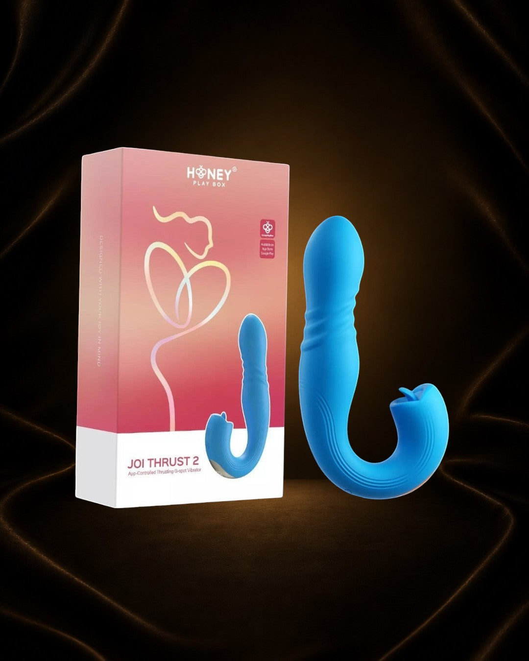 Vibrador Joi Thrust 2 azul de Éxtasis Boutique con función de empuje y rotación, impermeable y controlable por app.