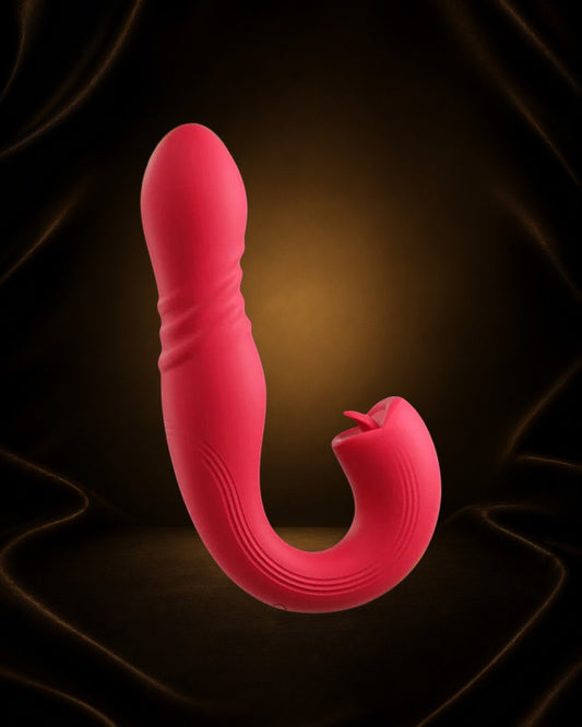 Vibrador Joi Thrust de Éxtasis Boutique en color rojo, con movimiento de empuje y lamedor de clítoris.