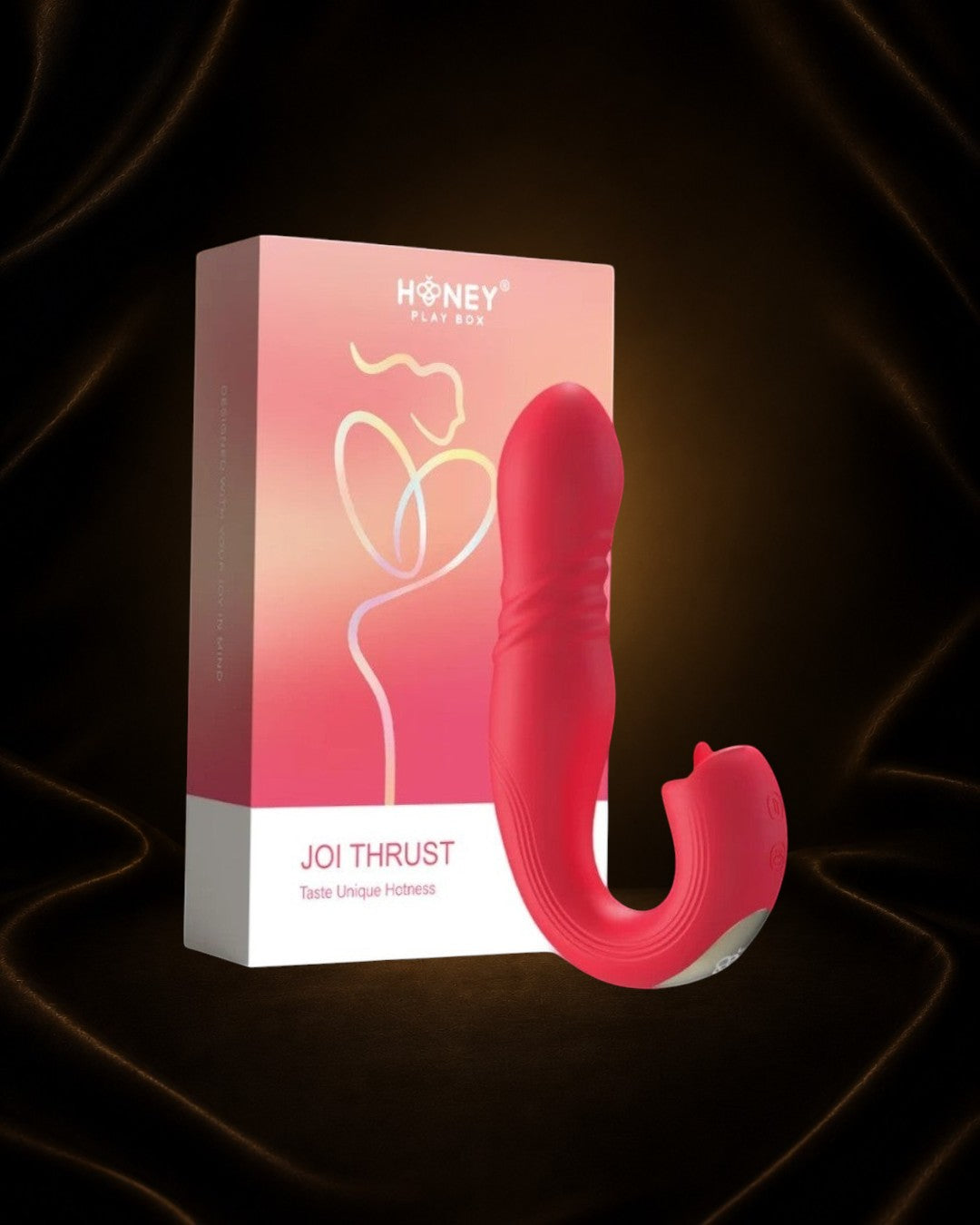Vibrador Joi Thrust de Éxtasis Boutique en color rojo, con función de empuje y rotación, impermeable y controlable por app.