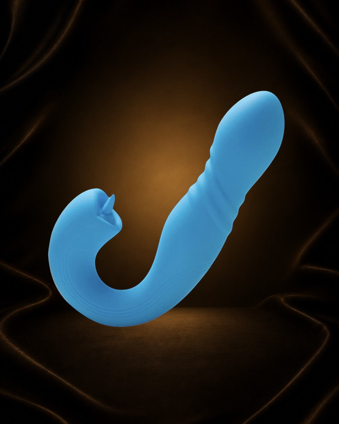 Éxtasis Boutique vibrador azul de silicona con movimiento de empuje y lamedor de clítoris