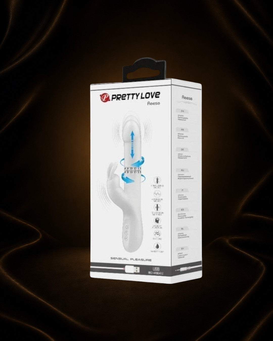 Vibrador blanco Reese de Éxtasis Boutique con 12 velocidades y 4 modos de rotación, hecho de silicona suave.